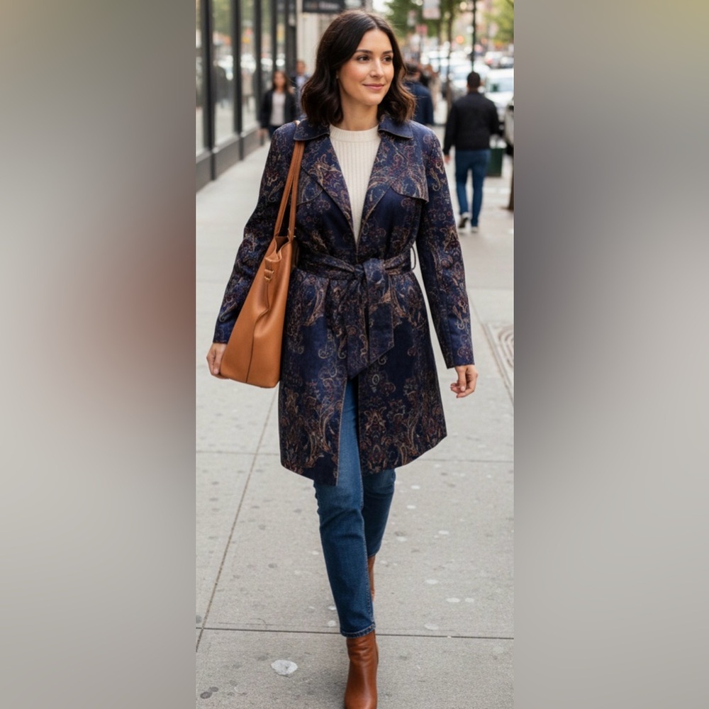 Anthropologie Solitaire Trench Coat Womens Medium Navy Paisley Sophisticated New